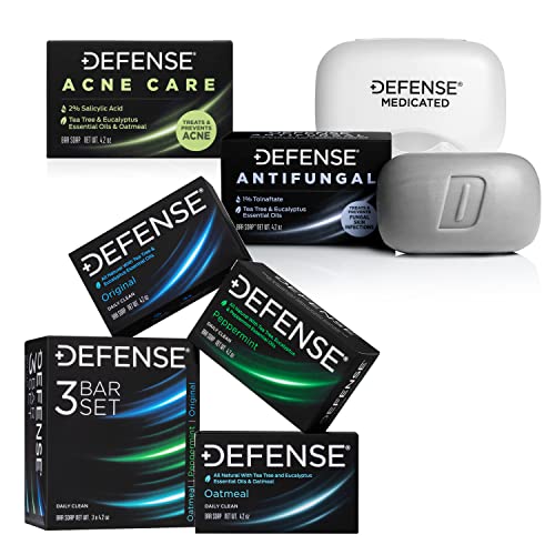 Defense Soap Bar Variety 3-Pack - Original Tea Tree, Peppermint, Oatmeal + Antifungal Medicated Bar Soap + Acne Care Bar Soap 4.2oz | 2% Salicylic Acid, Tea Tree & Eucalyptus Essential Oils