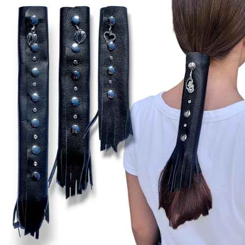 BLACK 18" inch Genuine Leather Motorcycle Hair Wrap for Long Hair - Handmade Ponytail Sleeve Long Hair Protector & Saver | Biker Hair Tie Helmet Accessory | Made in USA (18 inch, No Fringe)