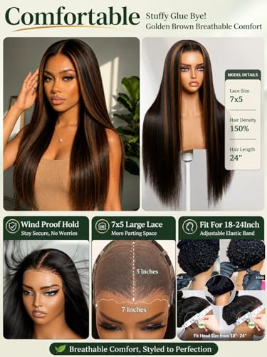 KLAIYI Ombre Golden Brown Yaki Straight Glueless Lace Front Wig 18"