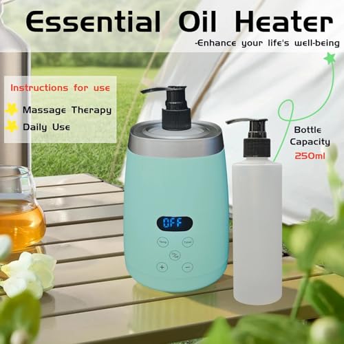 Massage Oil Warmer Professional Electric Lotion Digital Heater SPA, Compact Oil Warmer Heated Bottle for Beauty Salon Home,Automatic Thermostat Cream Heater wiht Two Oil Dispenser Bottle Funnel Green