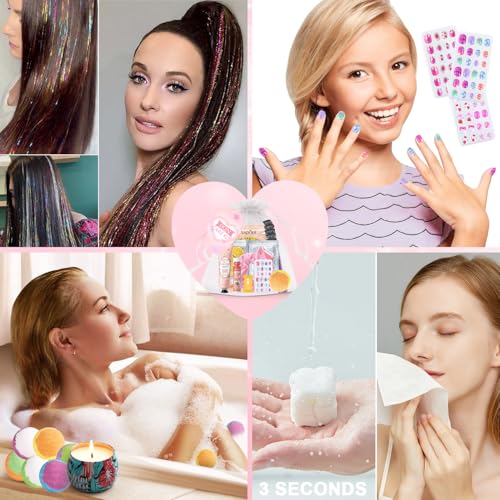 144 Pcs Spa Party Decorations for Girls, Spa Birthday Party Supplies Include Face Masks Skincare, Hand Cream, Lip Balm, Under Eye Patches, Lip Mask, Foot Bath Bombs, Press-on Nails and Hair Tinsel
