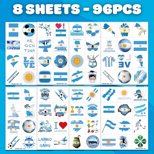 96 PCS Argentina Pre-Cut Soccer Flag Temporary Tattoos Themed Birthday Party Decorations Supplies Decor Favors Football Blue Argentinian Tattoo Stickers Gifts For Game Boys Girls Class School Prizes