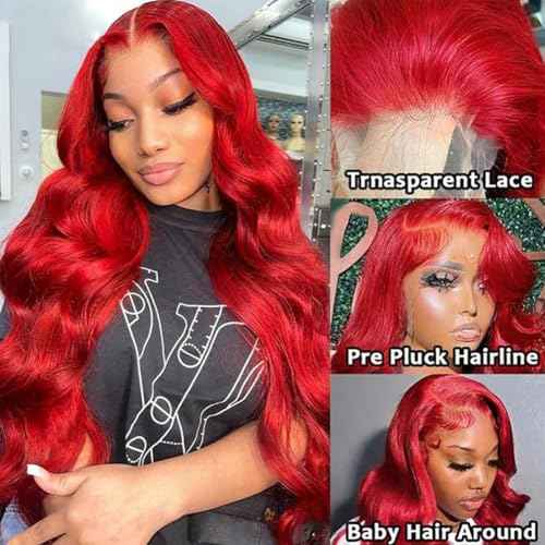 Ice Pear 30 Inch Red Hair Wig Pre Plucked 13x6 Body Wave Wigs Human Hair, 200% Density 13x6 Colored Wigs for Women,Red Glueless Wig Bleached Knots with Baby Hair