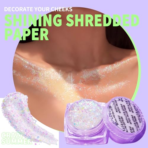 Teenitor Face Glitter Body Glitter, Clear White Body Glitter Gel, Hair Glitter Gel, 6 Shapes Rave Glitter, Mermaid Sequins Makeup Glitters Face Paint, Chunky Sparkling Glitter Gel for Women