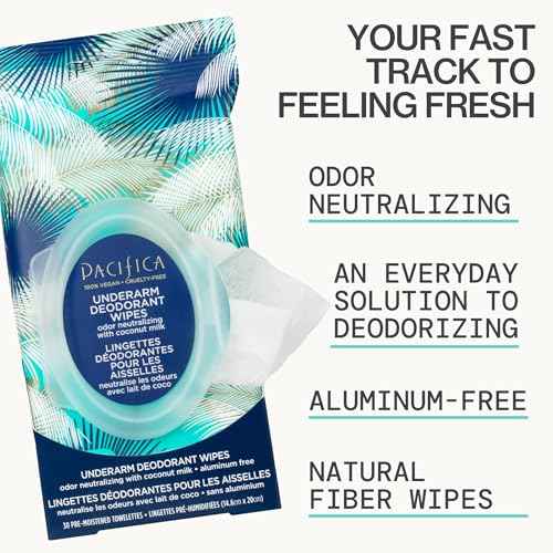 Pacifica Beauty Coconut Milk & Essential Oils Underarm Deodorant Wipes, Helps Remove Odor, Aluminum-Free, Vegan & Cruelty-Free, 30 Wipes (2-Pack)