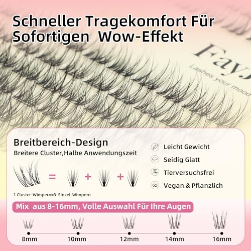 Natural Lash Clusters with 0.05mm Thin Invisible Band, Soft Wispy C Curl Lash Extensions, DIY Salon Effect with 8-16mm Lengths,Lightweight for Daily Wear,FayJoo AIRY 12 Lash Only