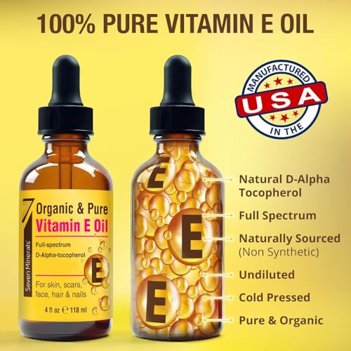 Seven Minerals Ultra Pure Vitamin E Oil - Full-Spectrum D-Alpha Tocopherol per 4 Oz Bottle - 100% Organic Vitamin E Oil for Skin, Face, Hair and Scars - Naturally Occurring:Not Synthetic. (Pack of 2)