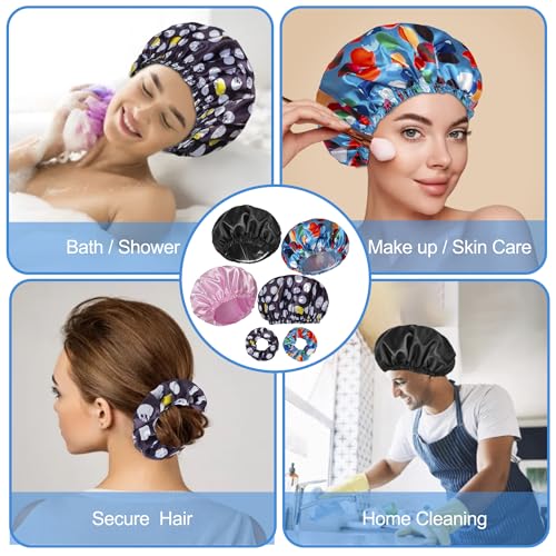 Shower Cap for Women Set of 4 with Satin Scrunchies