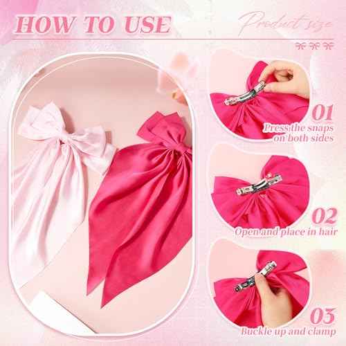 6 Pcs Coquette Large Pink Bow for Girls Women Oversized Long Tail Clip Barrette Ribbons Satin Bows Cute Bowknot Hair Accessories Gift for Birthday Galentine's Day Holidays