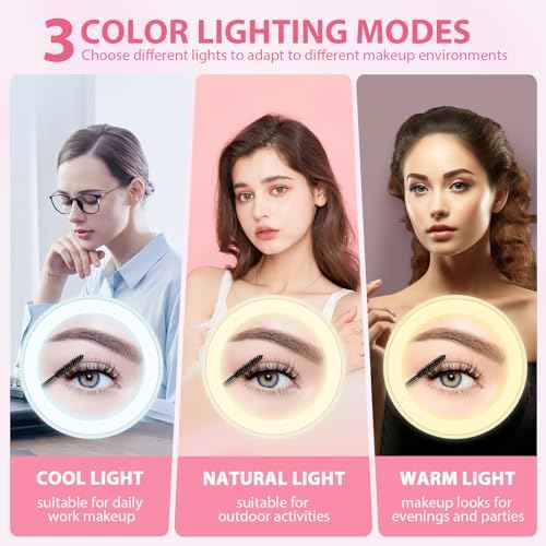 MIYADIVA 30x Magnifying Mirror with Light, LED Travel Mirrors, Makeup Mirror with Magnification,2 Sided USB Rechargeable Touch Screen Vanity Mirrors,4.8 Inch,Pink