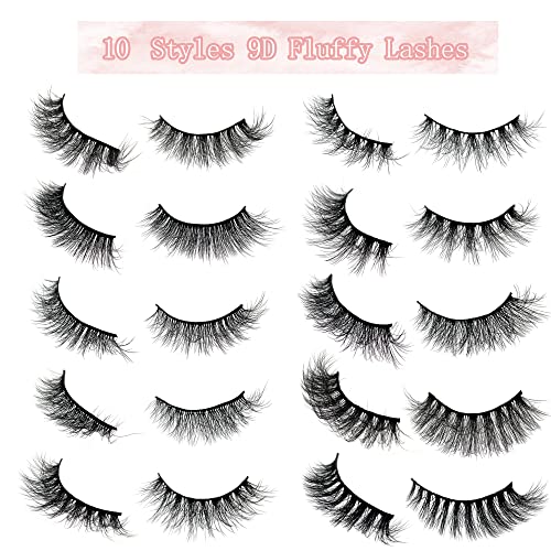 Fluffy Lashes 18mm False Eyelashes 100 Pairs 10 Styles Mixed Natural 9D Faux Mink Lashes Bulk Soft Reusable Fake Eyelashes Wholesale Lash with Glitter Portable Boxes