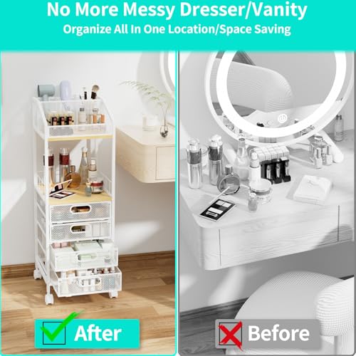 HapiRm Makeup Organizer Storage Cart - Floor Skincare Make Up Storage with 4 Drawers, Rolling Makeup Cart Vanity Organizer Cosmetics Display Cases Holder for Skin Care Perfume Nail Polish