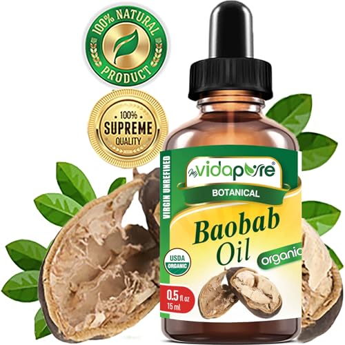 MYVIDAPURE Organic BAOBAB OIL Certified Organic 100% Natural Pure VIRGIN UNREFINED for Skin, Face, Hair, Lip and Nail Care (0.5 Fl Oz)
