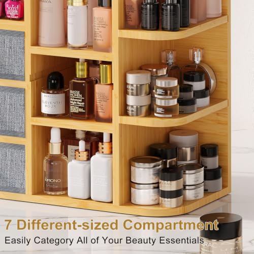 X-cosrack Natural Bamboo 3-Tier Large Makeup Organizer with 3 Drawers & 10 Compartments