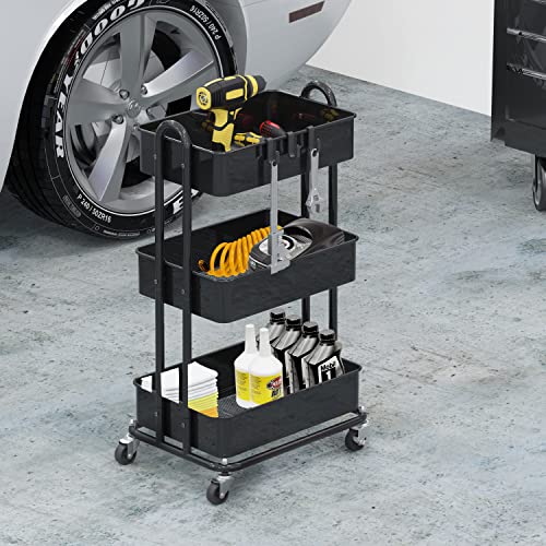 Simple Houseware Heavy Duty 3-Tier Metal Utility Rolling Cart, Black