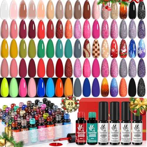 Lavender Violets 49pcs Gel Nail Polish Set 45 Colors Neon Glow in the Dark Effect with Nail Primer Builder Base Coat Glossy & Matte Top Coat Jelly Shades for Christmas Gift Set Nail Art Design A950
