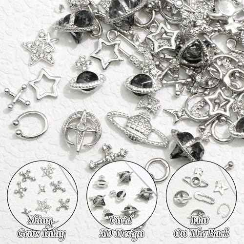 BELICEY 190PCS 3D Nail Charms - Silver Star Cross Planet Rivet Punk Cone Jewels for Acrylic Nails