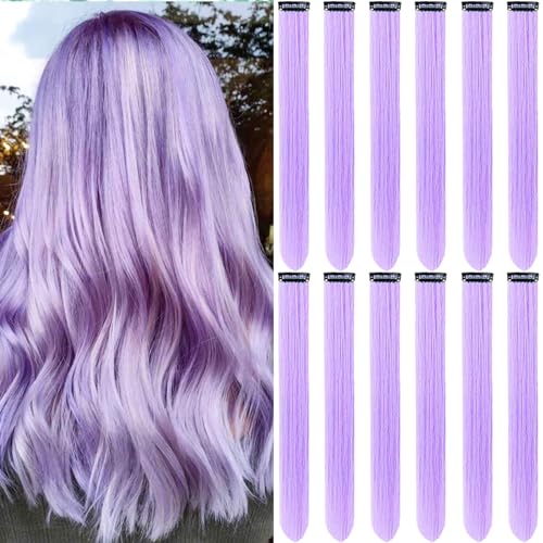 Olldag 12 PCS Light Purple Hair Extensions Clip in, 20 Inch Colored Hair Extensions Party Highlights Long Straight Synthetic Hairpieces for Women Kids Girls Halloween Christmas Cosplay