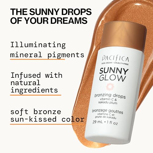 Pacifica Sunny Glow Liquid Face Bronzer Drops - Face Makeup Bronzing,Cheeks for Instant Sun-Kissed Glow,VitaminC,Glycolic Acid Infused Liquid Bronzer,Illuminating,Highlighting Clean (Pack of 2)
