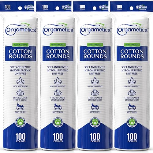 ORGAMETICS Cotton Rounds, 100% Natural Turkish Cotton Premium Makeup Remover and Facial Cleansing Cotton Round Pads, Lint Free, Hypoallergenic and Ultra Soft, 2.25 Inch Diameter (400 Count-Pack of 4)