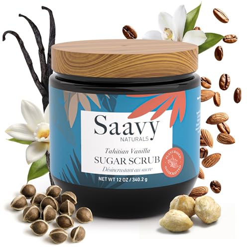 Saavy Naturals Body Scrub - Scented Sugar Vanilla Extract, Natural Body Scrub & Vegan Exfoliating with Vitamin E, Gentle for Sensitive Skin ? Made in USA ? Tahitian Vanilla (1 Pack) - 12 oz