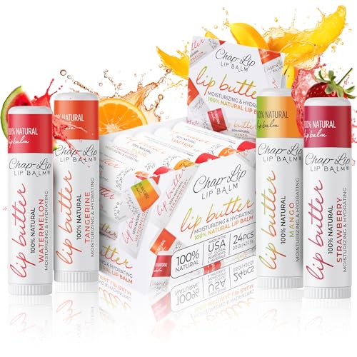 CHAP-LIP 100% All Natural Lip Balm Hydrating Bulk Chap Stick with Fruit Flavors, Coconut Oil, and Cocoa Butter - Lip Therapy Pack for Men and Women - Gift Set Made in the USA, 24 Pack