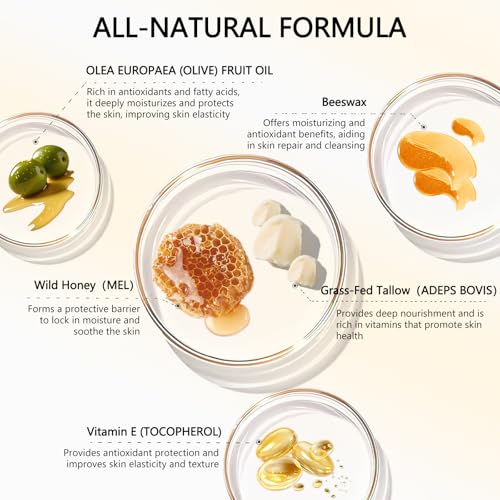 Beef Tallow for Skin - 100% Organic Grass-Fed Beef Tallow Balm with Raw Honey, Natural Whipped Face Moisturizer & Body Butter for Dry & Sensitive Skin, Non-Greasy (Unscented, 50g/1.76oz)