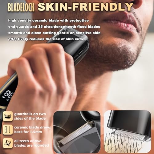Beard Trimmer for men, Vacuum Mustache Trimmer with Type-C Charging, IPX7 Waterproof Electric Shaver Body Hair Trimmer for Men with LCD Display, Length Adjustable Blade Wheel (1/25"-4/5") (Black)