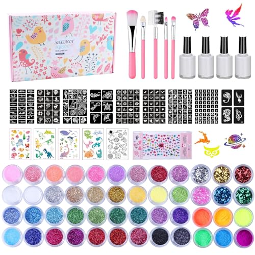 Temporary Glitter Tattoo Kit for Kids & Adults, LCDGTJ 42 Glitter & 6 Fluorescent Color, 209 Stencils, 4 Glue, 5 Brushes, 1 Diamond Sticker, Safe & Easy Removal Face Body Art Birthday Party Supplies