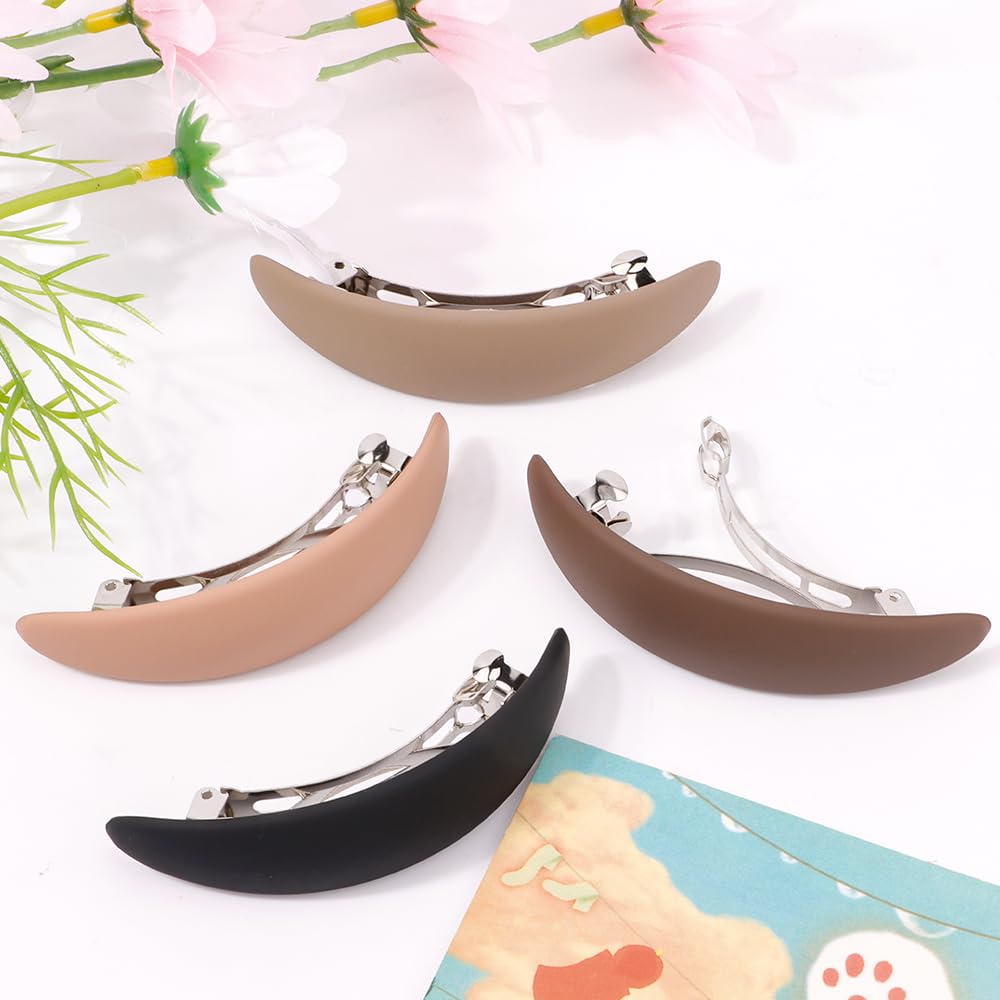 Ahoney 4Pcs Hair Barrettes: 3.3" Flat Banana Clips, Pins for Thin Hair, French Styling Accessories (Black/Khaki/Coffee/Brown)