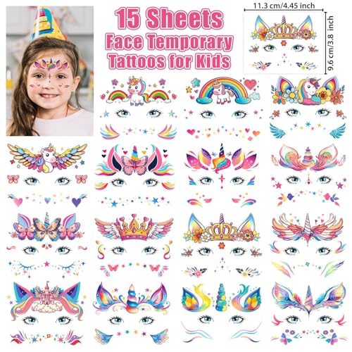 Partywind Temporary Face Tattoos for Kids - 15 Waterproof Sheets