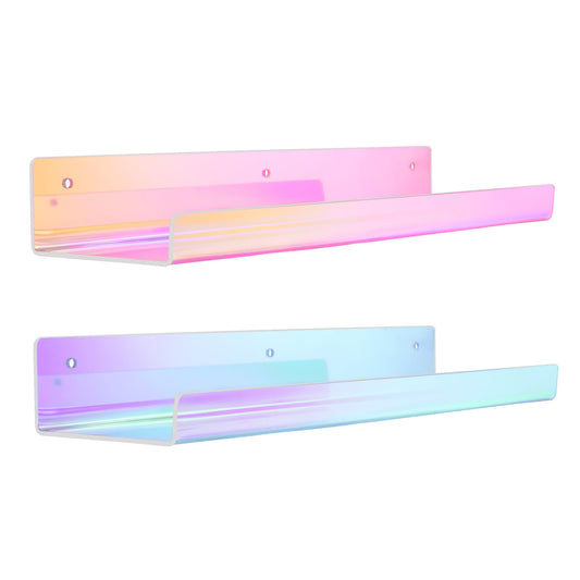 upsimples 2 Pack Acrylic Shelves for Wall Storage, 15" Floating Shelves, Kids Bookshelf, Nail Polish Holder, Perfume Display Shelf Organizer for Bathroom, Bedroom, Living Room, Iridescent