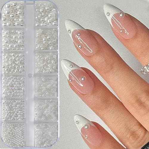 12 Grids Pearl Beads Nail Art Charms Nail Pearls White Pearl Charms for Nails Design Flat Back Pearls for Crafting Manicure Bead Kit Women Nail Beads Fingernail Decorations Cute Beads for Crafts