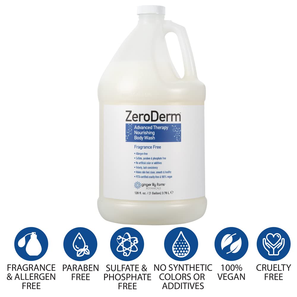 Ginger Lily Farms Botanicals ZeroDerm Advanced Therapy Nourishing Body Wash, 100% Vegan & Cruelty-Free, Fragrance Free, 1 Gallon Refill (Pack of 4)