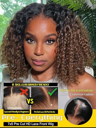 Sunber Ombre Brown Curly Bob Wig 8" 100% Human Hair Glueless