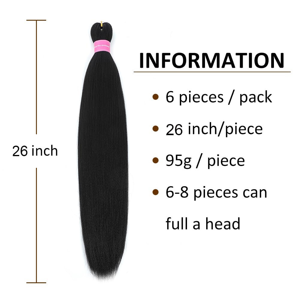 AFNOTE Pre Stretched Braiding Hair Extensions for Braids 26 Inch 6 Packs Black Braiding Hair Pre Stretched Professional Synthetic High Temperature Braid Hair Extension-Black 1B#