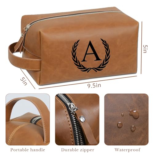 Personalized Leather Toiletry Travel Bag for Men Custom Christmas Birthday Gifts for Men Groomsmen Dad Husband Boyfriend Engraved Initial Waterproof Shaving Bags(A, Dark Brown)