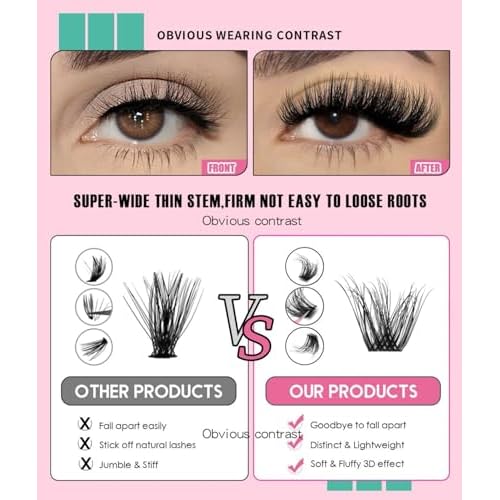 3-Color Eyelash Extension Kit, 60D/80D/100D Fluffy D-Curl Cluster Lashes - Fake Mink Volume Lashes for DIY, Includes 1 Pink Eyelash Curler