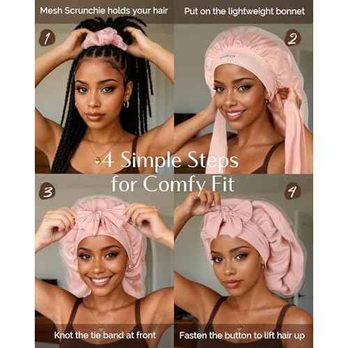 YANIBEST Silk Bonnet for Sleeping Women Satin Lined Braid Bonnet with Breathable Tie Band for Curly Hair Pink