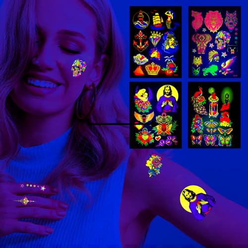 4 UV Glow in Dark Temporary Tattoos Waterproof 80+