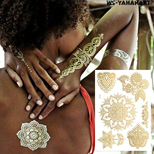 Gold Henna Temporary Tattoos 6 Sheets Waterproof Stickers