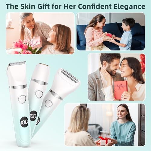 Bikini Trimmer for Women,3-in-1 Electric Shaver for Women,Rechargeable Painless Pubic&Facial Razor for Sensitive Skin,Lip,Arms,Legs with LED Display (Gradient Green)