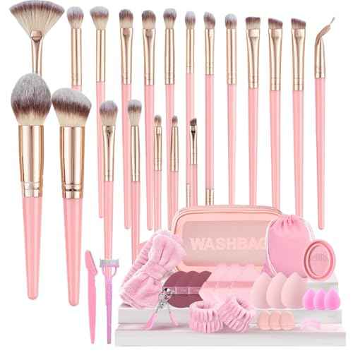 Makeup Brush Set, 48Pcs Makeup Brushes Set Professional Kit for Beginner, Premium Synthetic Foundation Concealers Powder Eye Shadows Blush Make up Brushes with Makeup Sponge, Pink
