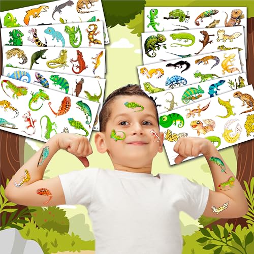 100 PCS Gecko Lizard Temporary Tattoos Themed Birthday Party Decorations Supplies Favors Decor Cute Leopard Reptile Chameleon Tattoo Stickers Gifts For Game Kids Boys Girls Classroom School Prizes