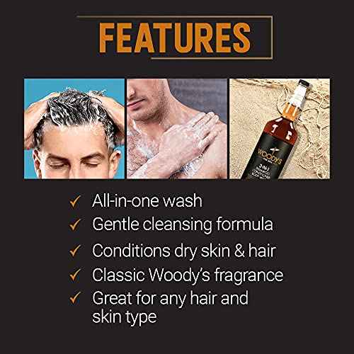 Woody's Mens Body Wash 3 in 1 ? Shampoo, Conditioner, & Body Wash, All-in-One Cleanser, Refreshing & Hydrating with Natural Extracts - 32 fl oz