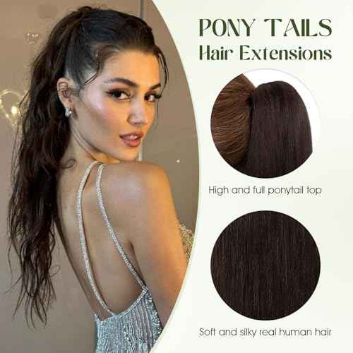 Ponytail Extension, 14 Inch Claw Clip Ponytail Extension Human Hair Long Straight Jaw Clip in Real Hair Pony Tails Hairpieces for Women Dark Brown
