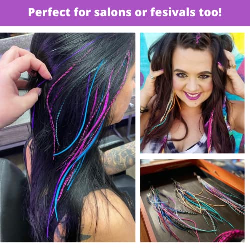 Feather Hair Extensions Kit - Pink, Purple & Turquoise 9-12" with Beads