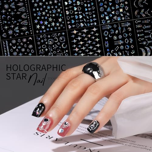 Teenitor 50 Sheets Laser Silver Aurora Nail Art Stickers - 3D Decals