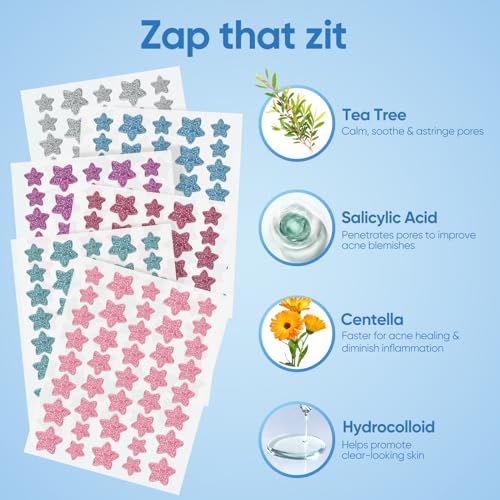 Pimple Patches for Face, Hydrocolloid Acne Patches, Sparkling Star Zit Covers, Colorful Spot Stickers with Tea Tree, Salicylic Acid & Cica Oil| 3 Sizes (10mm, 12mm & 14mm) |240 Count