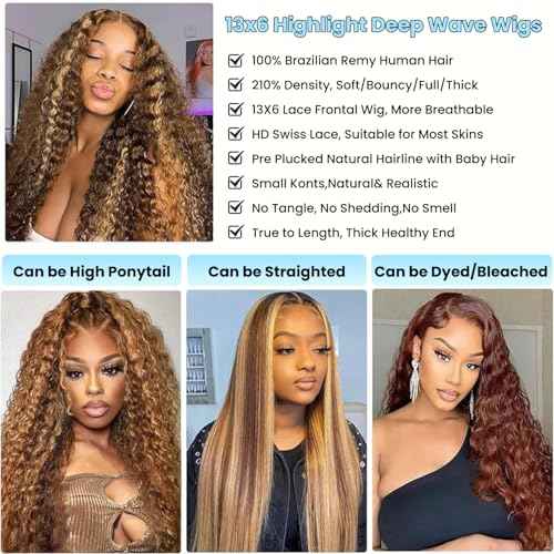 30Inch Highlight Ombre Lace Front Wig Human Hair 13x6 HD Honey Blonde 4/27 Deep Wave Lace Frontal Wigs Glueless Wigs Human Hair Pre Plucked
